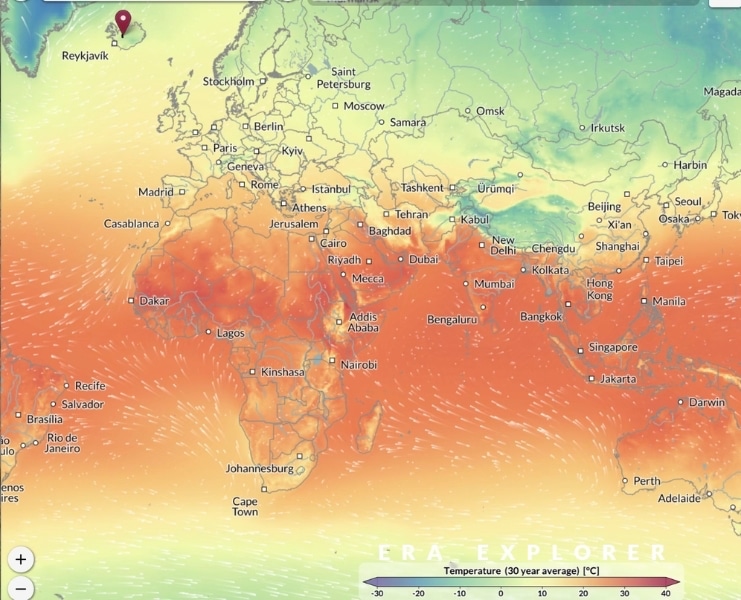 global heat map with key cities, oceans and wind patterns