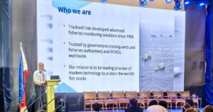 Trackwell founder Kolbeinn Gunnarsson on stage at the SAFET 2026 conference in Cebu, presenting the company to fisheries delegates